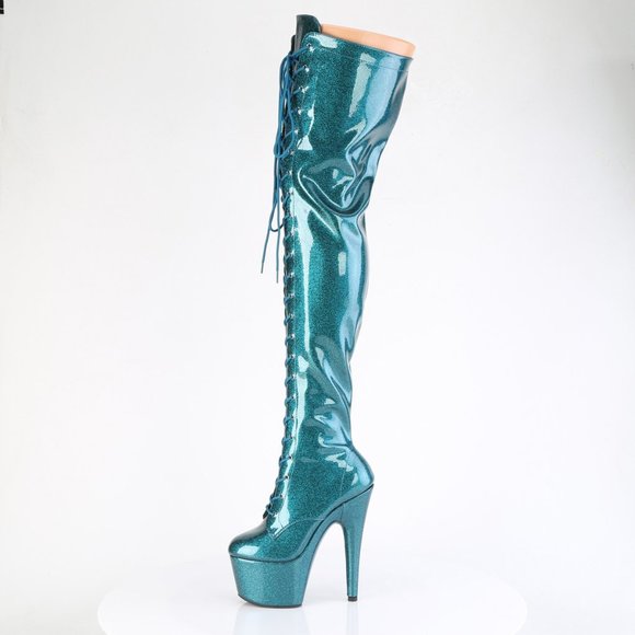 Glitter Platform Heel Lace Up Thigh High Boots
